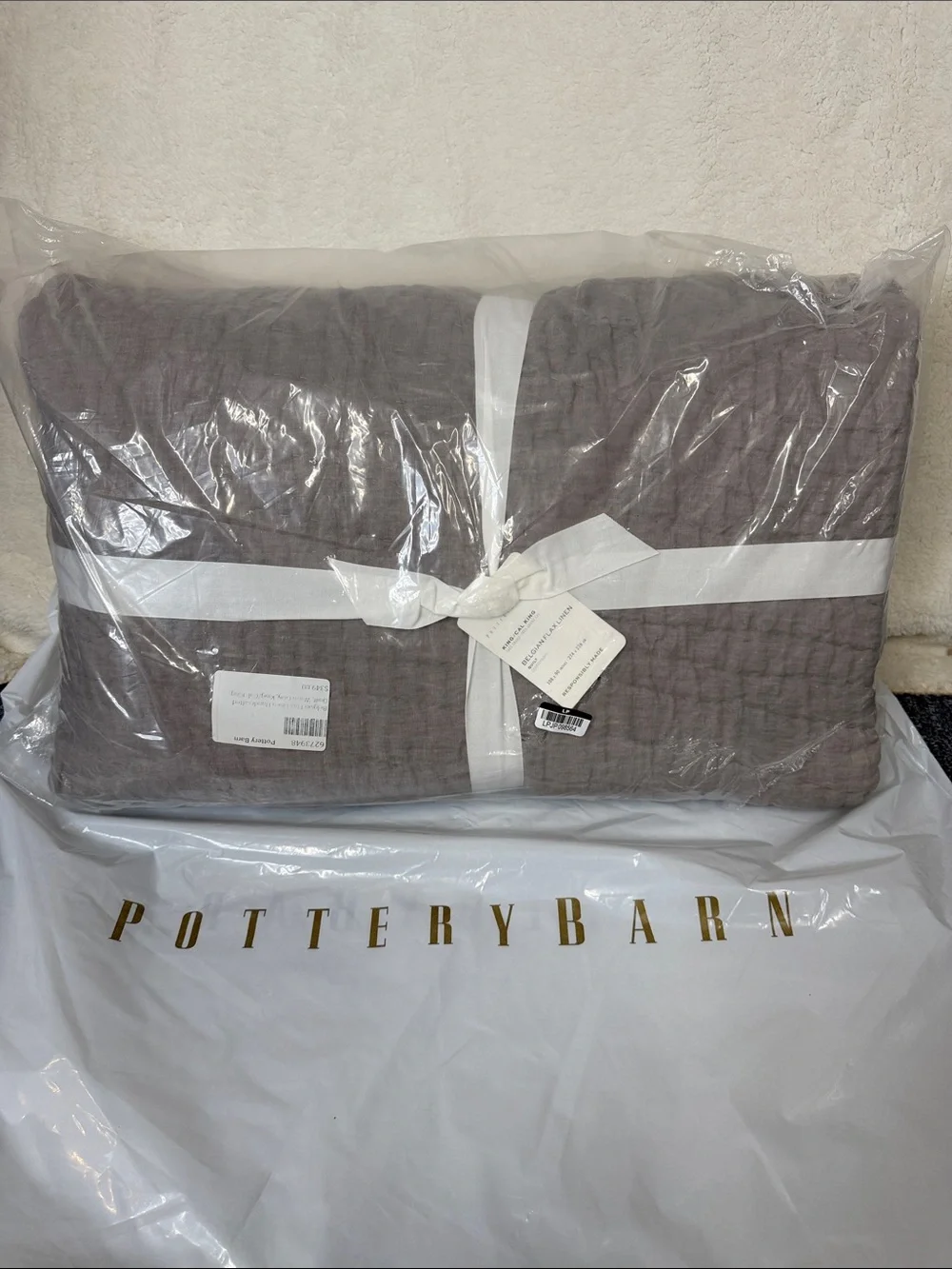 Pottery Barn Belgian Flax Linen Handcrafted Quilt KING / CAL Warm Gray NWT